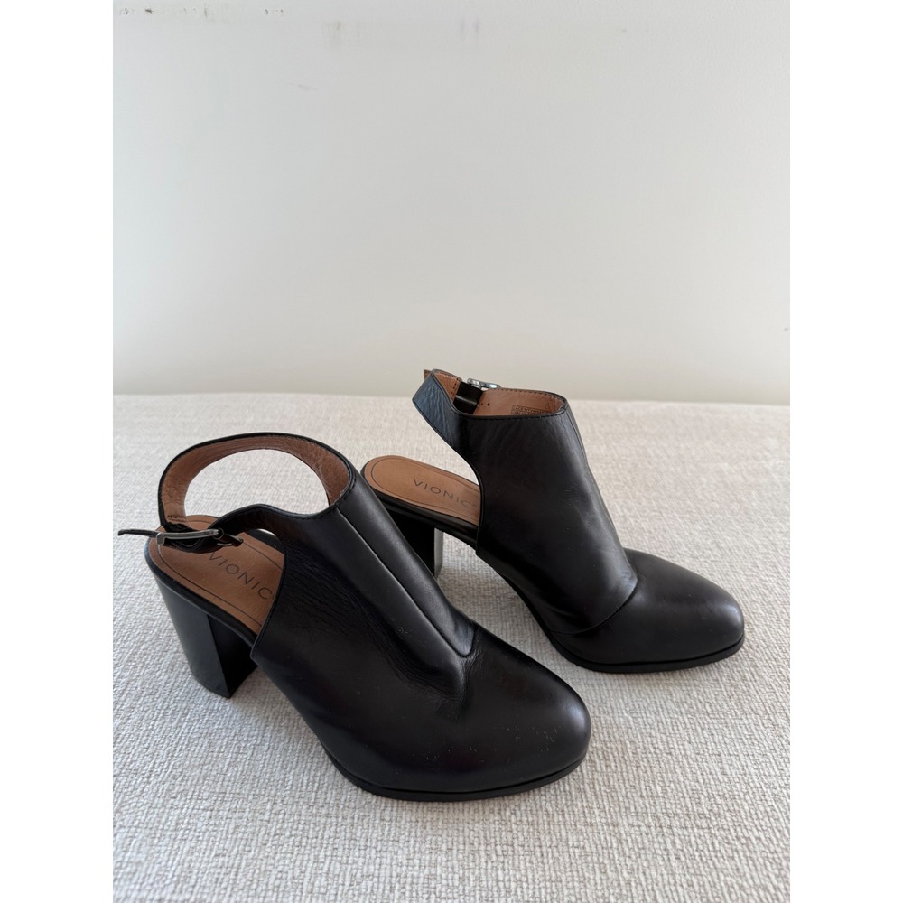 Vionic Lacey Slingback Booties Women 7 Black Leather Block‎ Heel Ankle Boots